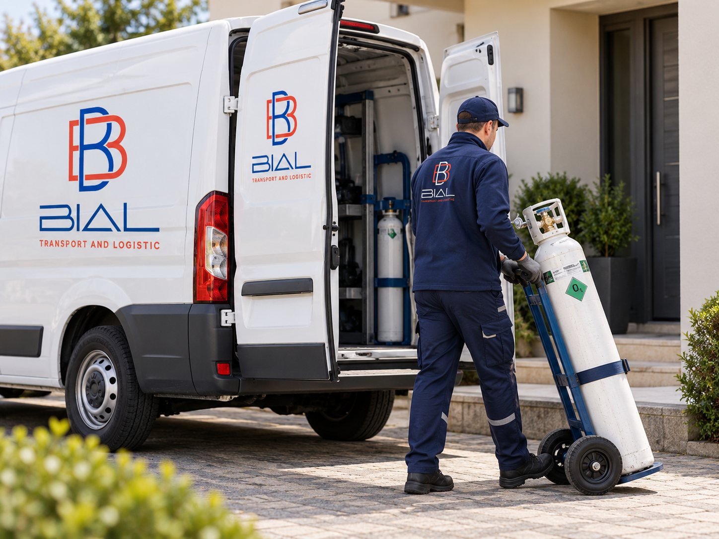 Operatore Bial che trasporta una bombola di ossigeno con un carrello davanti a un’abitazione