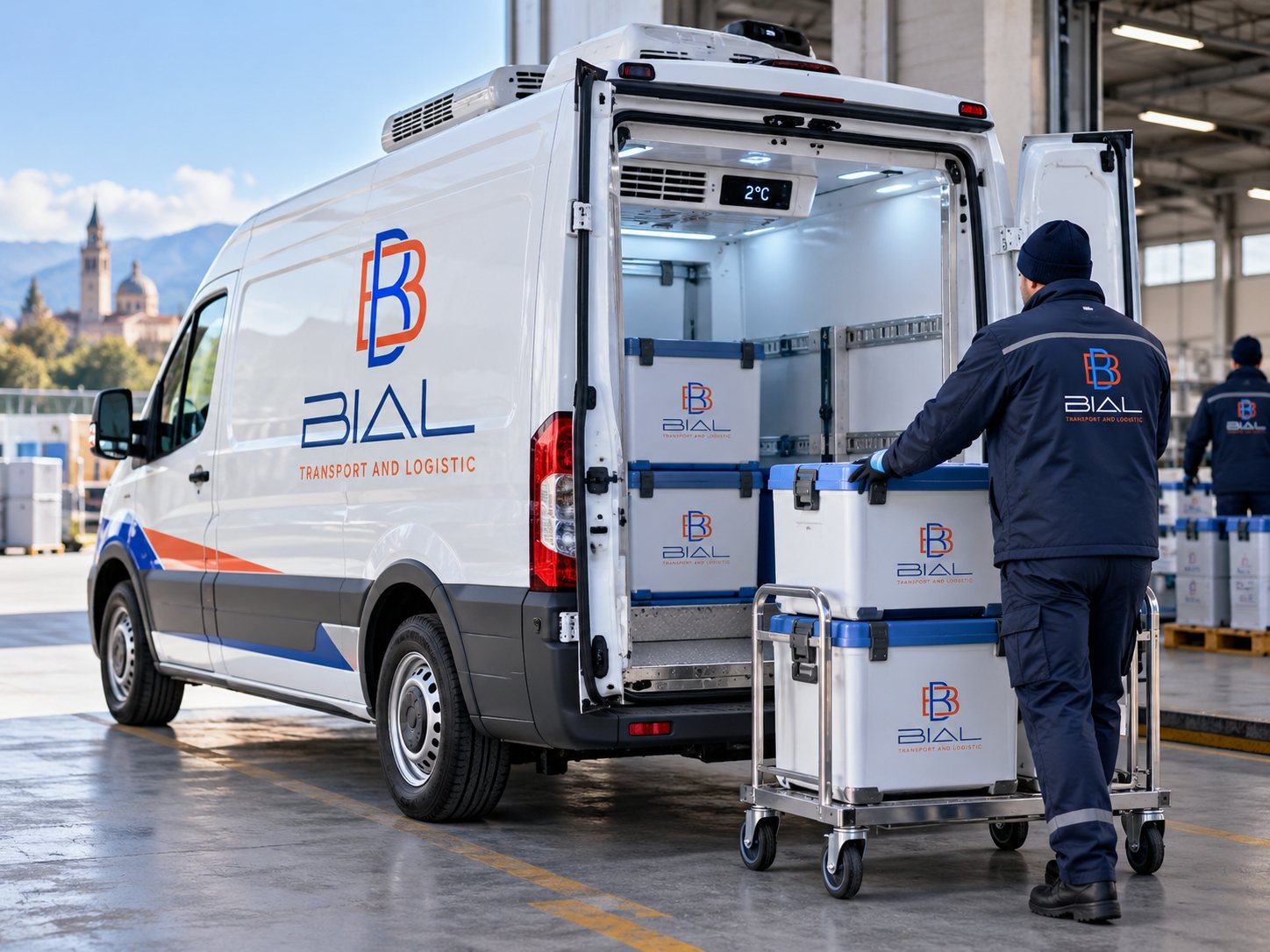 Operatore Bial che carica contenitori termici su un furgone refrigerato
