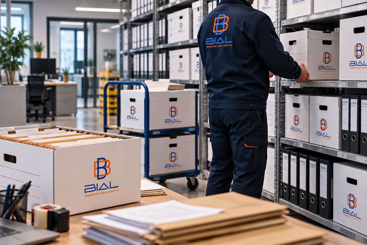 Operatore Bial che ripone scatoloni d’archivio su scaffalature metalliche