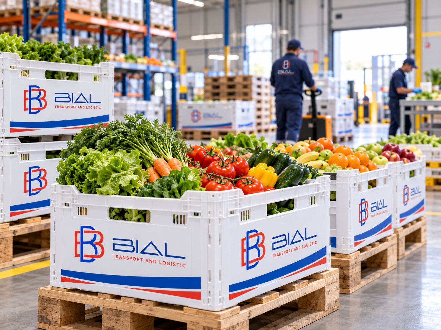 Casse di frutta e verdura su pallet in magazzino, con operatori Bial